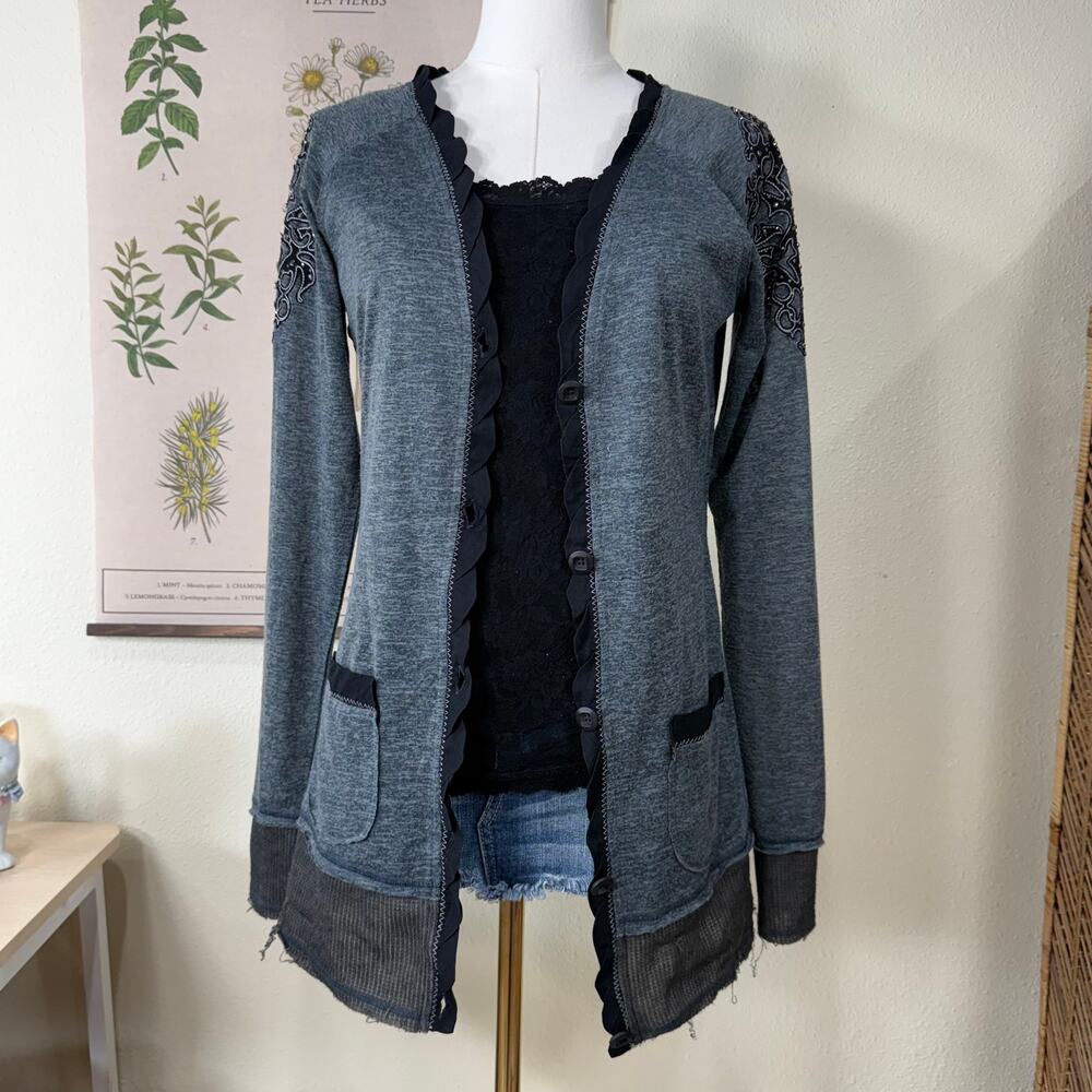 Distressed Rhinestone Embroidered Cardigan Grunge Indie Sleaze Trashy McBling S
